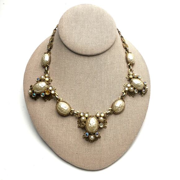 Vintage Signed Selro Choker Necklace Gold Tone Faux Pearls Rhinestones Jewelry - Picture 1 of 10